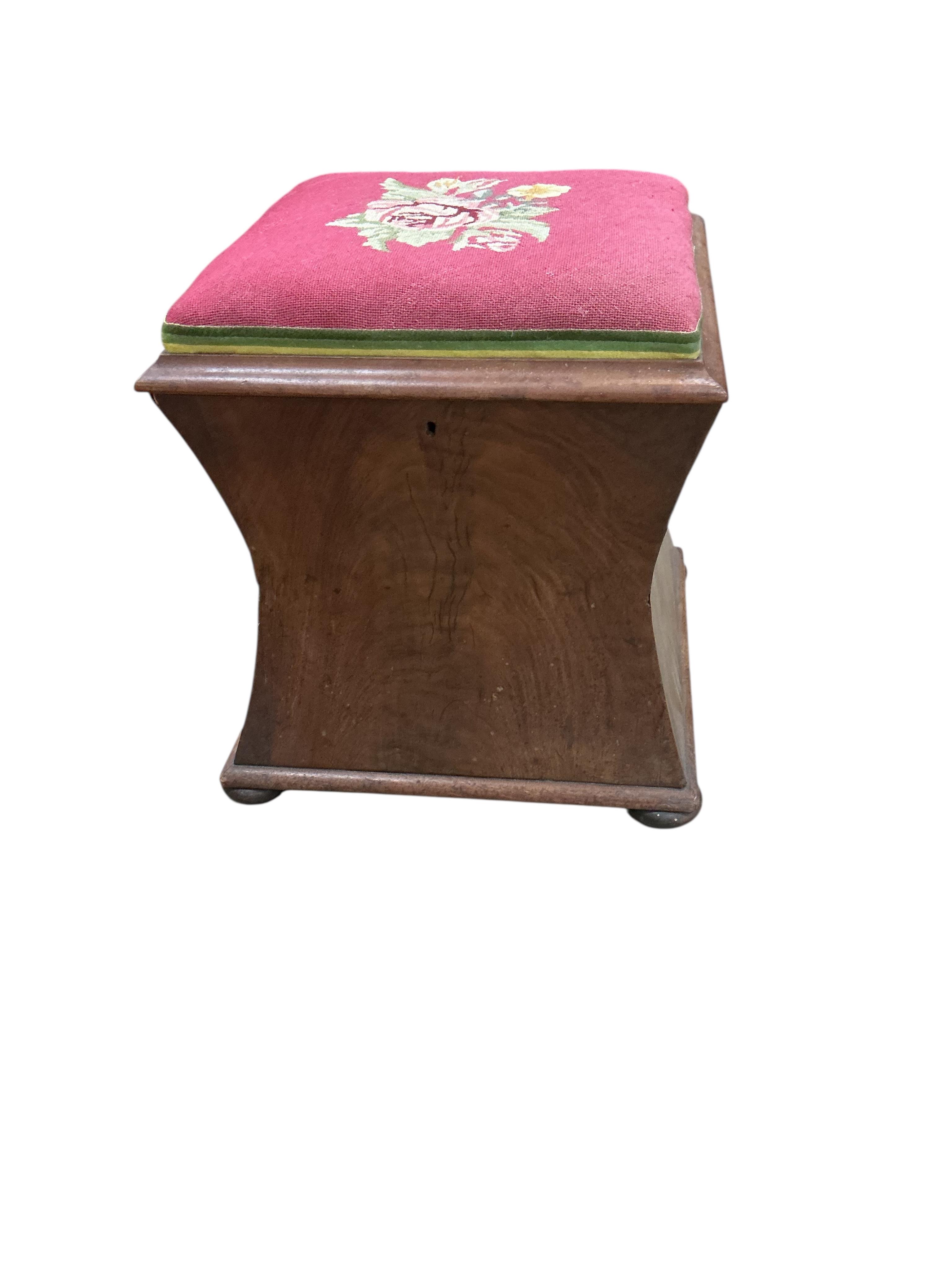 A Victorian mahogany stool / work box with floral tapestry seat and Tunbridge ware lidded interior, width 39cm, height 44cm
